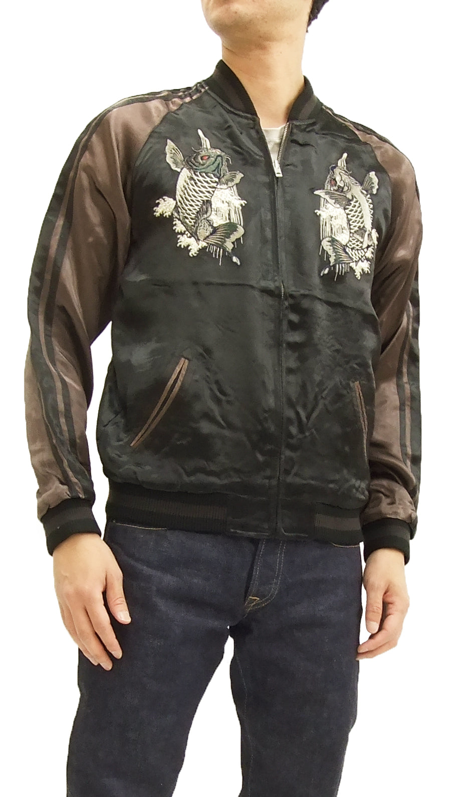 Satori Script Japanese Souvenir Jacket Koi Fish Carps Men's Sukajan GSJR-011 Black/Charcoal-Gray