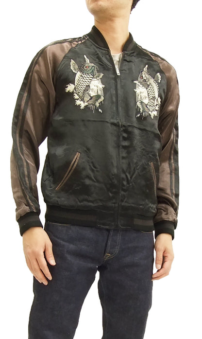 Satori Script Japanese Souvenir Jacket Koi Fish Carps Men's Sukajan GSJR-011 Black/Charcoal-Gray