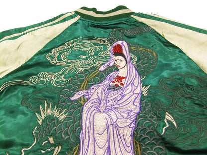 Satori Script Japanese Souvenir Jacket Guanyin Men's Sukajan GSJR-013 Green/Beige