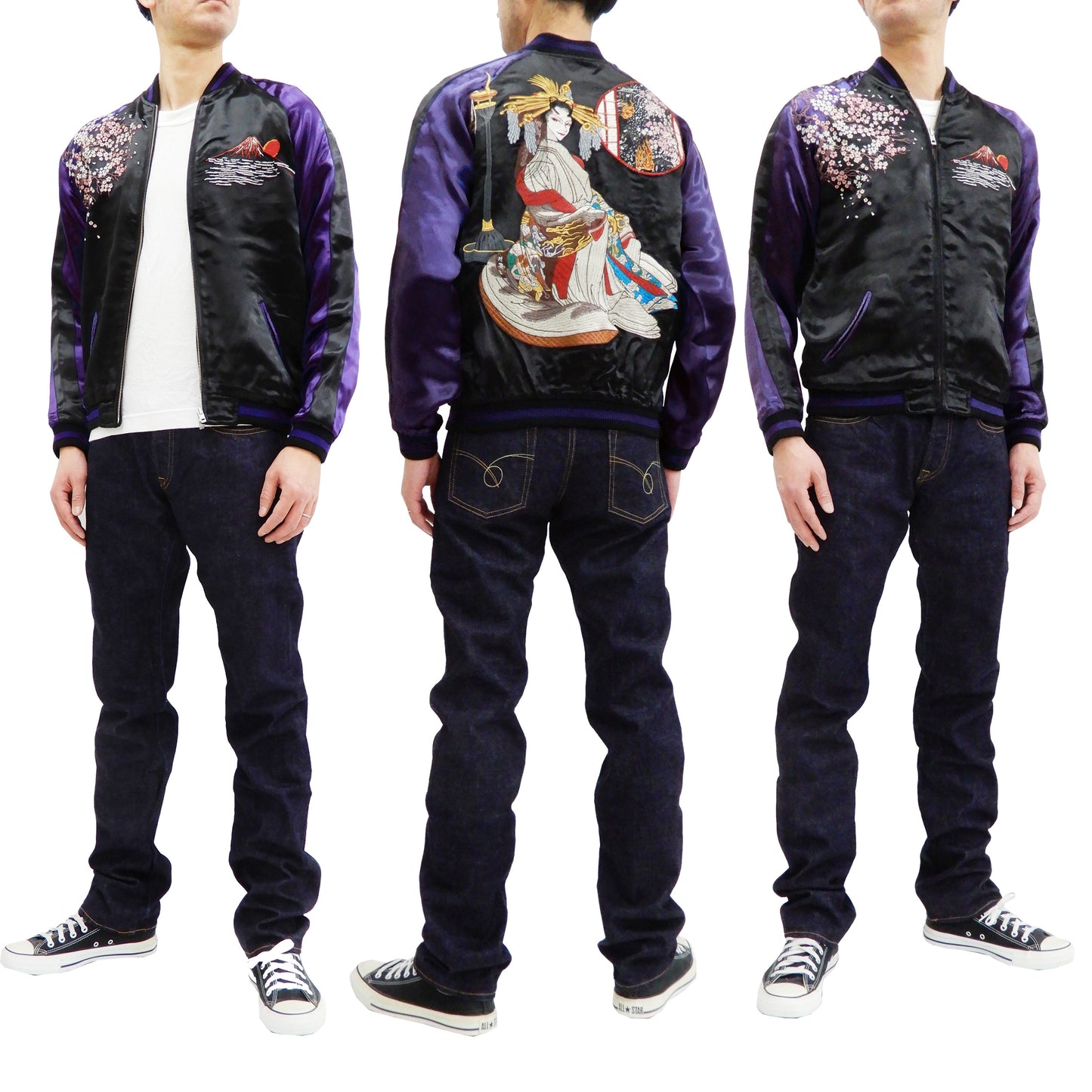 Satori Script Men's Japanese Souvenir Jacket Geisha Oiran Sukajan GSJR-021 Black/Dark-Blue