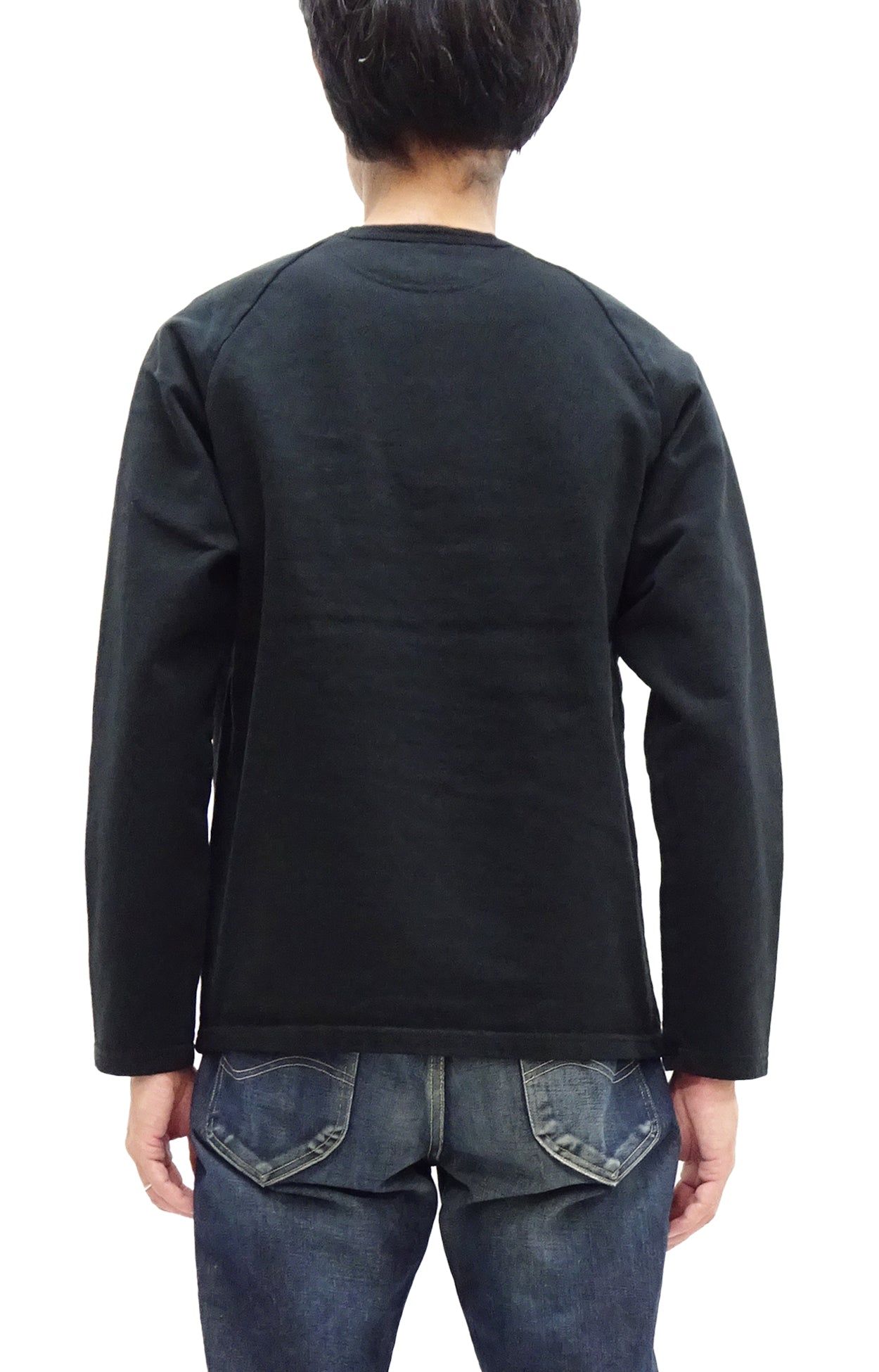 Japan Blue Jeans Long Sleeve French Terry T-Shirt Men's Casual Plain Crew-Neck Raglan-Sleeve Inlay Shirt JBKN1001 Black