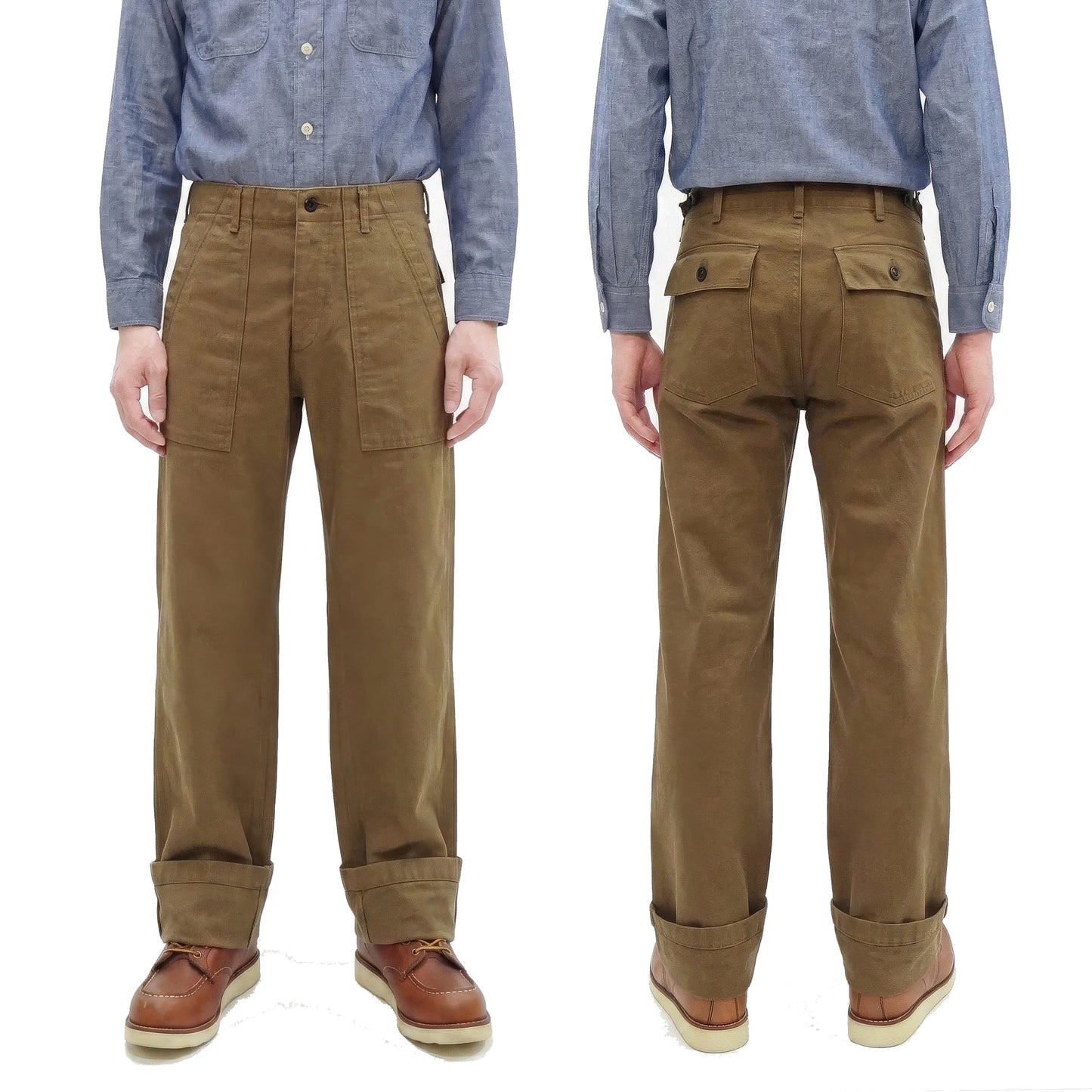 ONI Denim Men's Brown-Khaki Sulfur-Dyed Heavy Oxford Work Pants Relaxed Straight Fit Button Fly Trousers Made in Japan (ONI-207HOX-BRK)