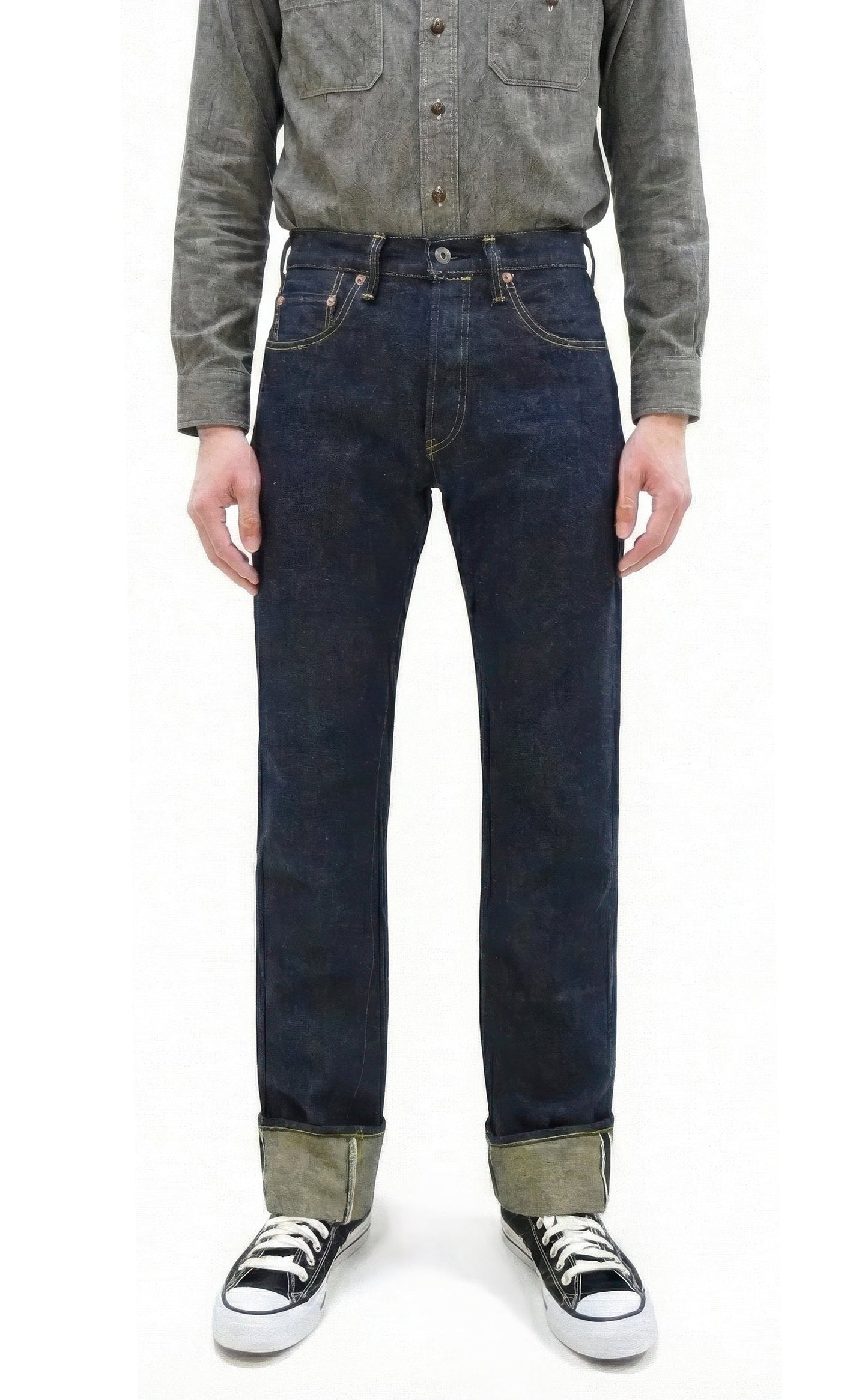 ONI Denim Men's 15oz Selvedge Jeans - Old-Style Spun Yarn & Shuttle-Loom Woven Denim, Regular Straight Fit, Button Fly, Indigo One Wash, Made in Japan (ONI270-Ishikawadai)