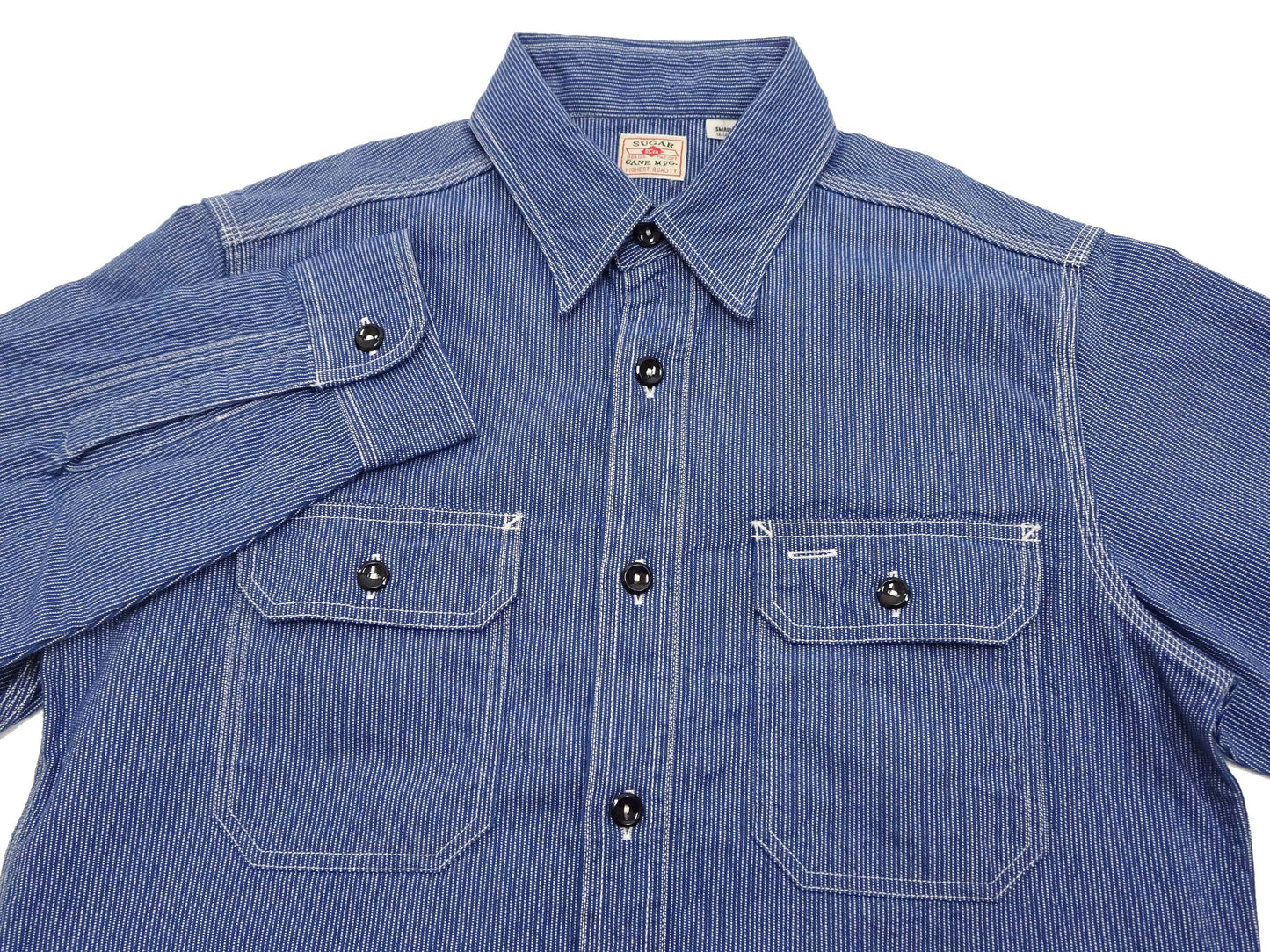 Sugar Cane Work Shirt with Vertical Hairline Code Stripe Pattern Men's Casual Jean Cord Long Sleeve Button Up Shirt SC25511 128 Navy-Blue