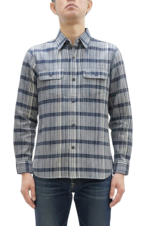 Sugar Cane Men's Indigo Plaid Long-Sleeve Work Shirt - Fiction Romance Collection - 100% Cotton, Inspired by Traditional Japanese Kimono Fabric, Made in Japan (SC29591 401A Off White)