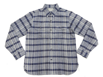 Sugar Cane Men's Indigo Plaid Long-Sleeve Work Shirt - Fiction Romance Collection - 100% Cotton, Inspired by Traditional Japanese Kimono Fabric, Made in Japan (SC29591 401A Off White)