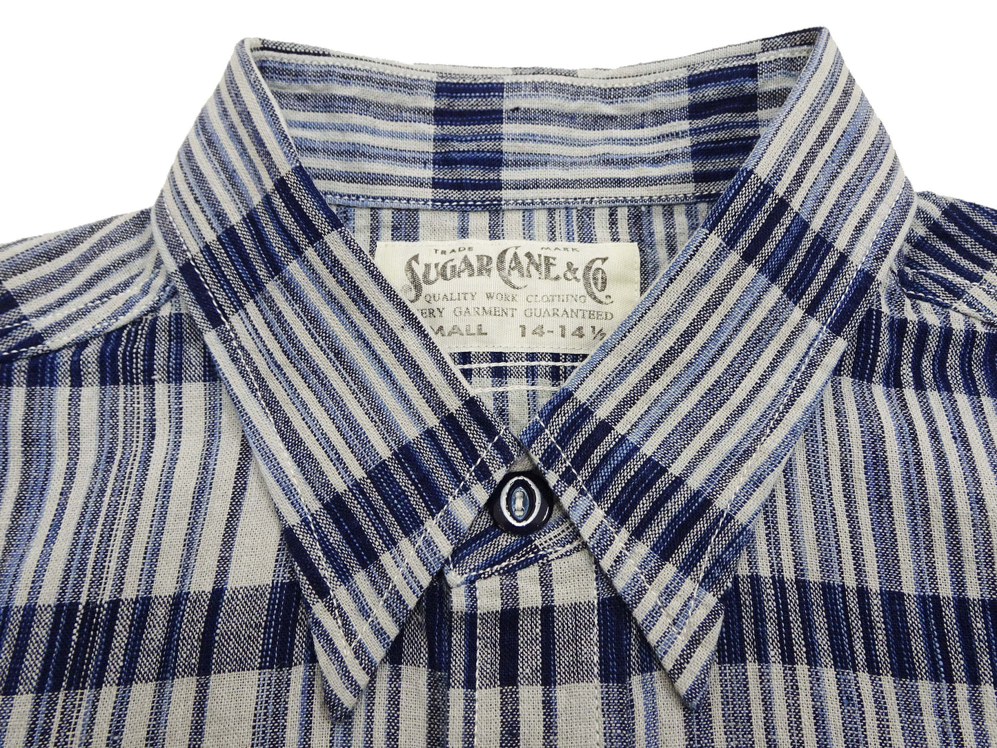 Sugar Cane Men's Indigo Plaid Long-Sleeve Work Shirt - Fiction Romance Collection - 100% Cotton, Inspired by Traditional Japanese Kimono Fabric, Made in Japan (SC29591 401A Off White)