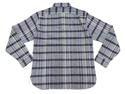 Sugar Cane Men's Indigo Plaid Long-Sleeve Work Shirt - Fiction Romance Collection - 100% Cotton, Inspired by Traditional Japanese Kimono Fabric, Made in Japan (SC29591 401A Off White)
