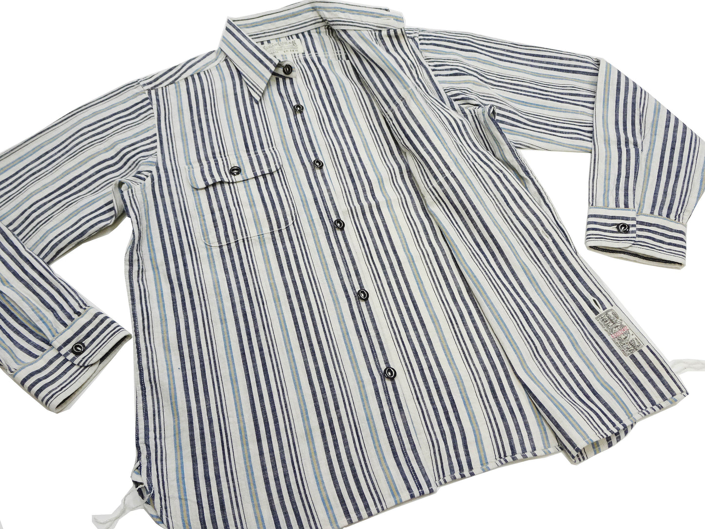 Sugar Cane Men's Indigo Vertical Multi-Stripe Long-Sleeve Work Shirt - Fiction Romance Collection - 100% Cotton, Inspired by Traditional Japanese Kimono Fabric, Made in Japan (SC29592 401A Off White)