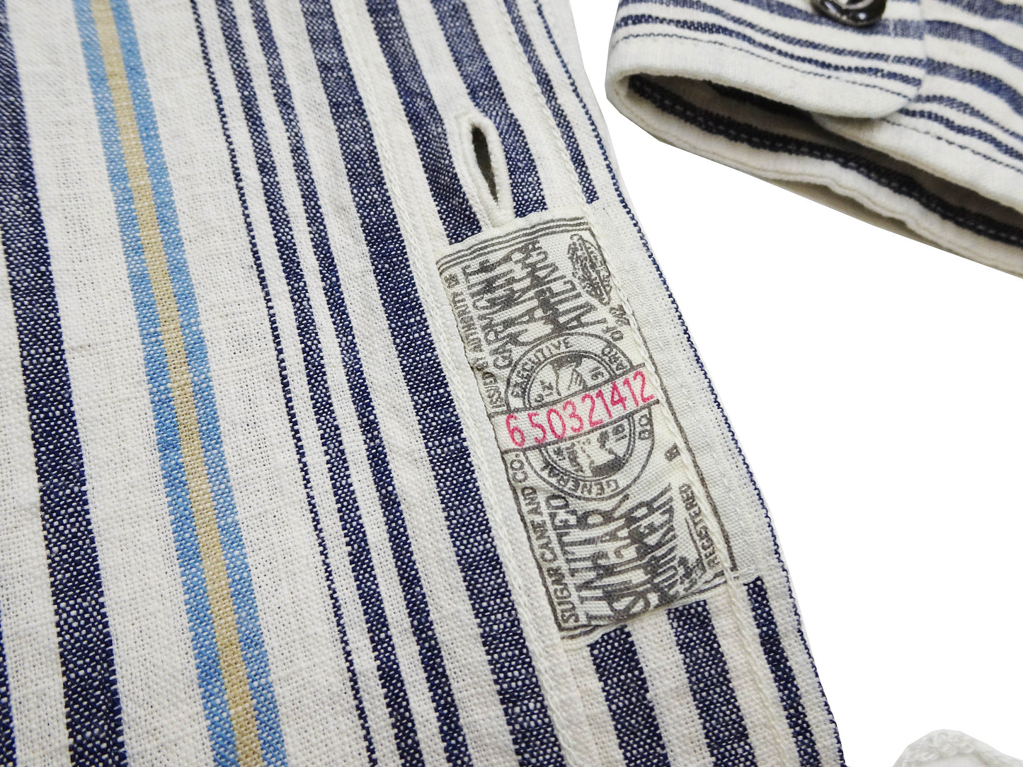 Sugar Cane Men's Indigo Vertical Multi-Stripe Long-Sleeve Work Shirt - Fiction Romance Collection - 100% Cotton, Inspired by Traditional Japanese Kimono Fabric, Made in Japan (SC29592 401A Off White)