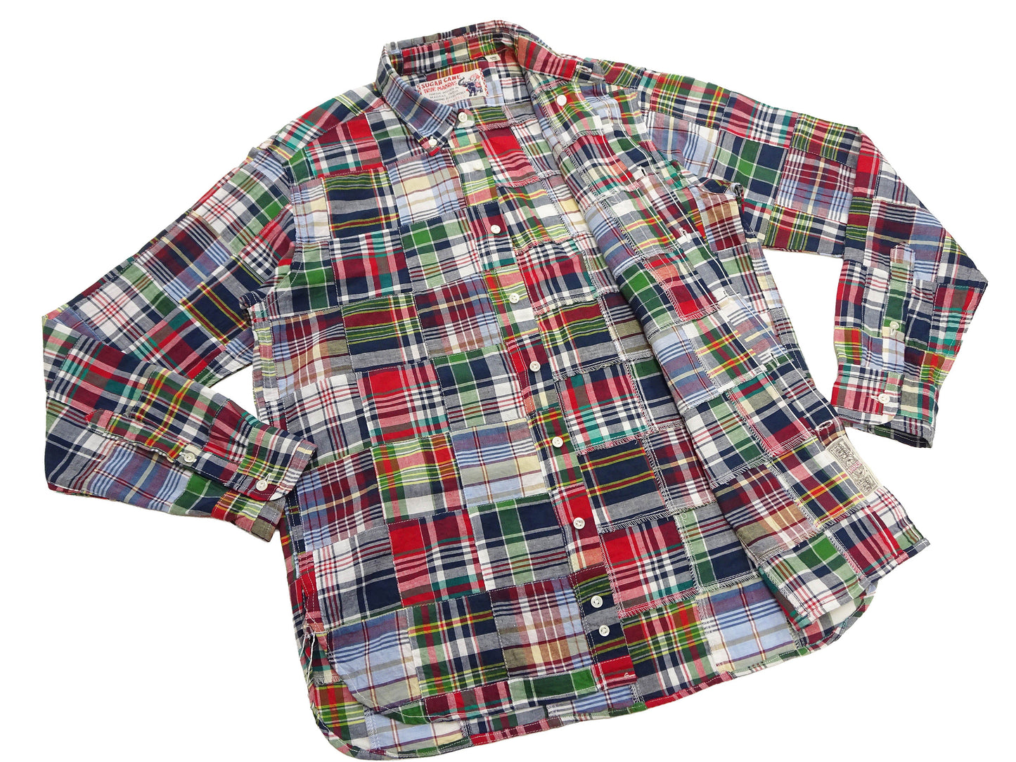 Sugar Cane Men's Long Sleeve Patchwork Madras Button-Down Shirt, Lightweight 100% Cotton Plaid, Made in Japan (SC29736 128 Navy Tone)