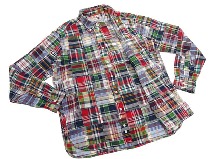 Sugar Cane Men's Long Sleeve Patchwork Madras Button-Down Shirt, Lightweight 100% Cotton Plaid, Made in Japan (SC29736 128 Navy Tone)