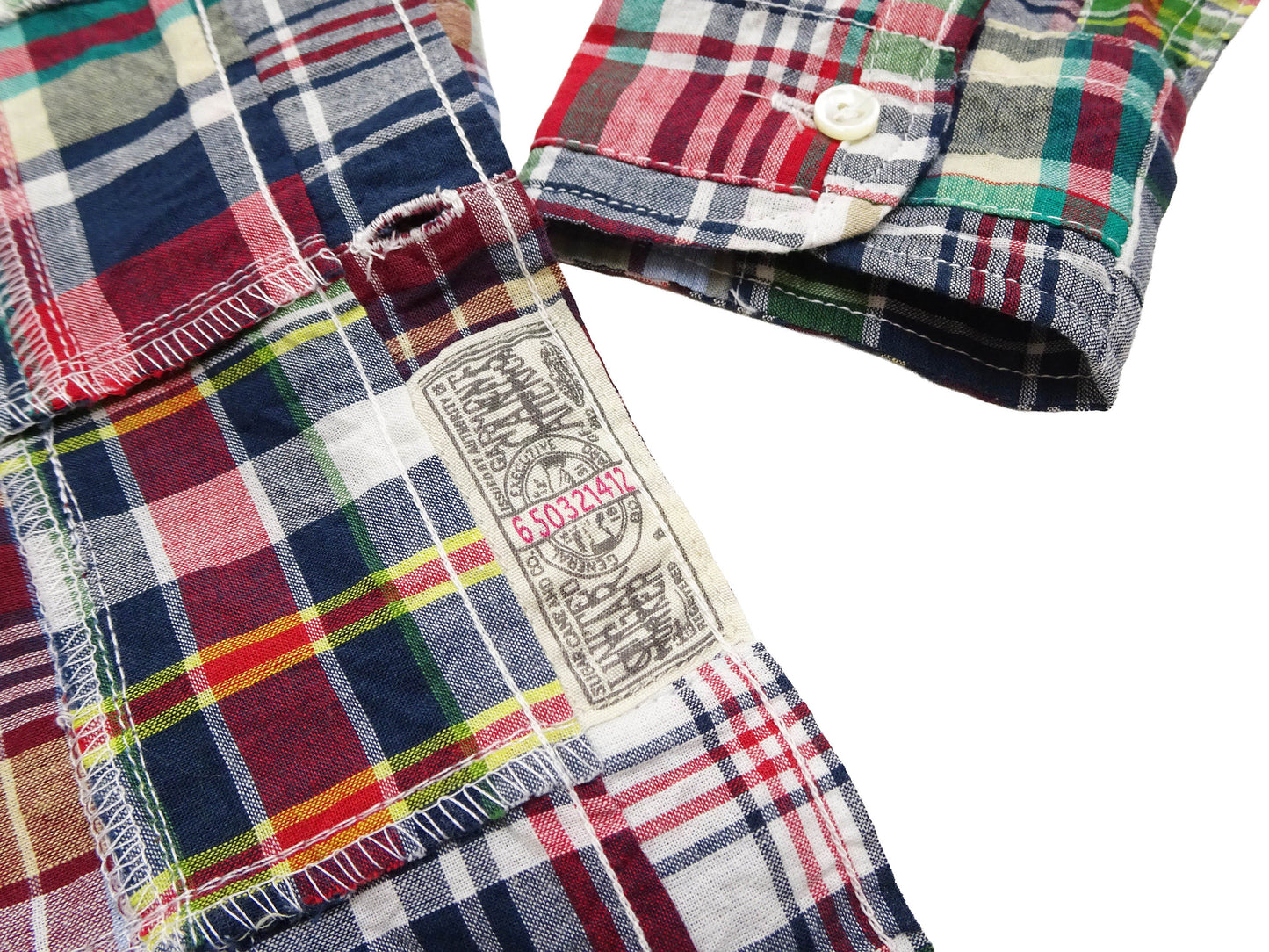 Sugar Cane Men's Long Sleeve Patchwork Madras Button-Down Shirt, Lightweight 100% Cotton Plaid, Made in Japan (SC29736 128 Navy Tone)