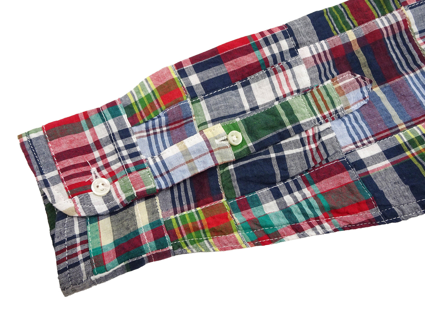 Sugar Cane Men's Long Sleeve Patchwork Madras Button-Down Shirt, Lightweight 100% Cotton Plaid, Made in Japan (SC29736 128 Navy Tone)