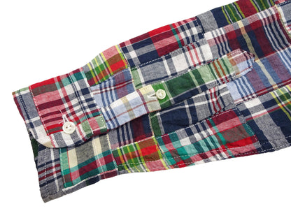 Sugar Cane Men's Long Sleeve Patchwork Madras Button-Down Shirt, Lightweight 100% Cotton Plaid, Made in Japan (SC29736 128 Navy Tone)