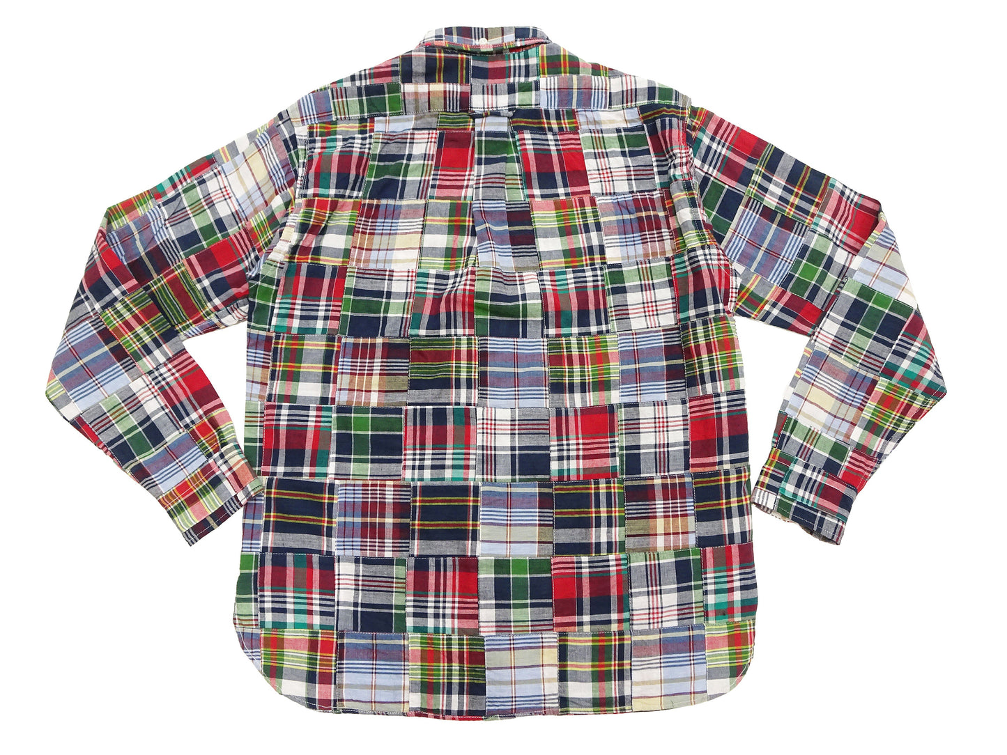 Sugar Cane Men's Long Sleeve Patchwork Madras Button-Down Shirt, Lightweight 100% Cotton Plaid, Made in Japan (SC29736 128 Navy Tone)