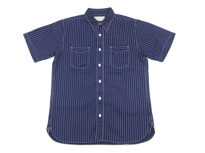 Sugar Cane Men's Short Sleeve Indigo Wabash Stripe Work Shirt, 8.5 oz Cotton Twill, One-Wash, Made in Japan (Fiction Romance SC36267 421A)
