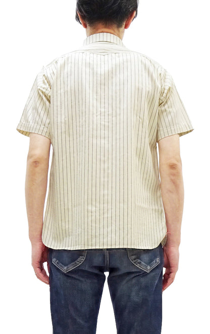 Sugar Cane Men's Short Sleeve Ecru Wabash Stripe Work Shirt 8.5 oz Cotton Twill Made in Japan (Fiction Romance SC37275 401A One-Wash)
