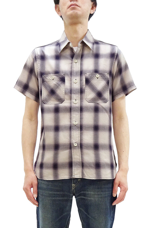 Sugar Cane Ombre Plaid Work Shirt Men's Casual Vintage-Style Short Sleeve Check Button Up Shirt SC39519 105 Off-White