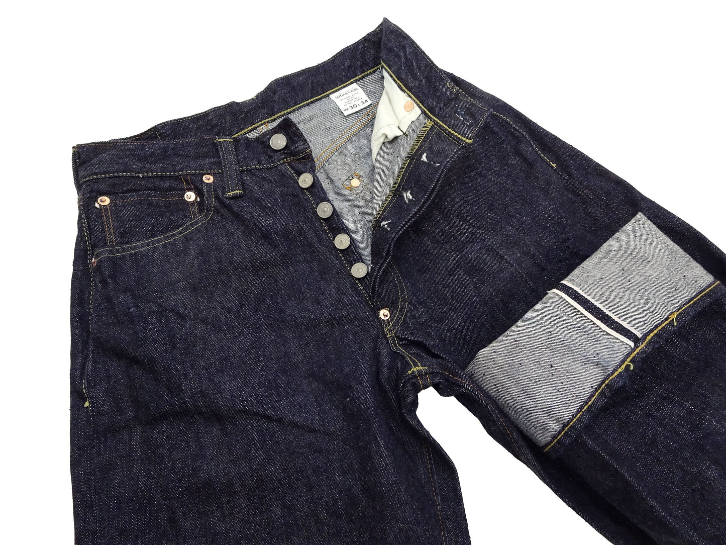 Sugar Cane Men's 13oz Selvedge Denim Baggy Jeans - 1930s "Waist Overalls" Inspired Wide Straight Fit, Button Fly, Made in Japan (SC42025 421A One-Wash)