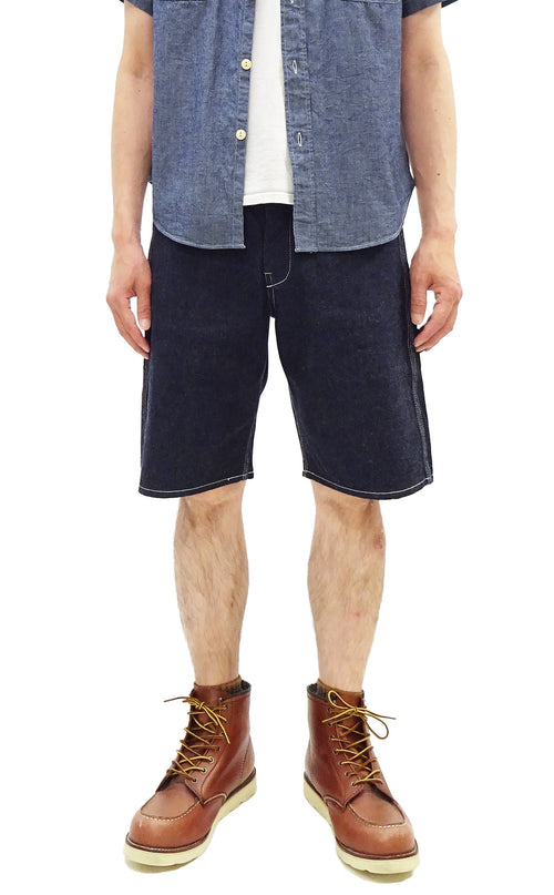 Sugar Cane Men's 11oz Blue Denim Work Shorts - High-Rise Relaxed Straight Fit Knee-Length Button-Fly Shorts - Made in Japan (SC52565 421A One-Wash)