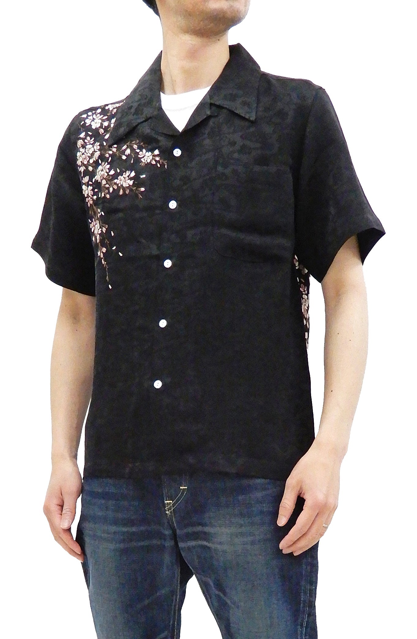 Hanatabi Gakudan Men's S/S Jacquard Shirt with Japanese Art Embroidery SS-001 Black