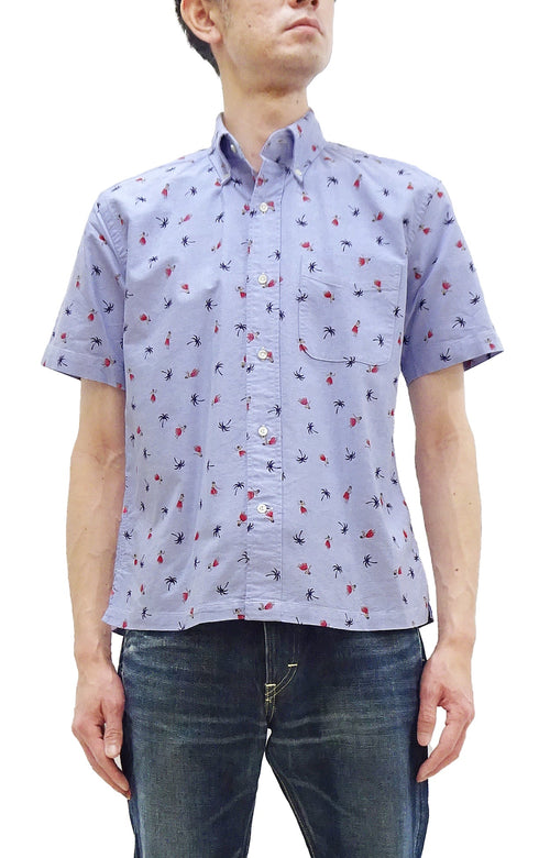 Sun Surf Casual Button Down Shirt Men's Short Sleeve Hula Dancer Palm Tree All-over Print Oxford Button Up Shirt SS39282 125 Blue