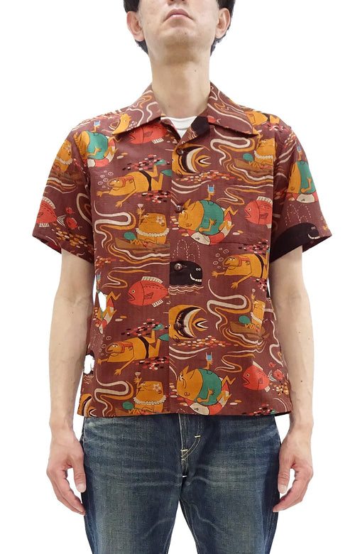 Sun Surf Men's Cotton Hawaiian Shirt - Uncle Torys Graphic Design - Short-Sleeve Aloha Shirt "Ocean Activities" SS39538 138 Brown