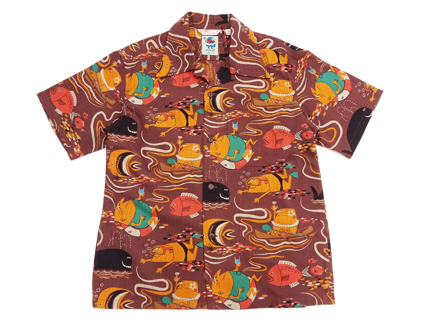 Sun Surf Men's Cotton Hawaiian Shirt - Uncle Torys Graphic Design - Short-Sleeve Aloha Shirt "Ocean Activities" SS39538 138 Brown