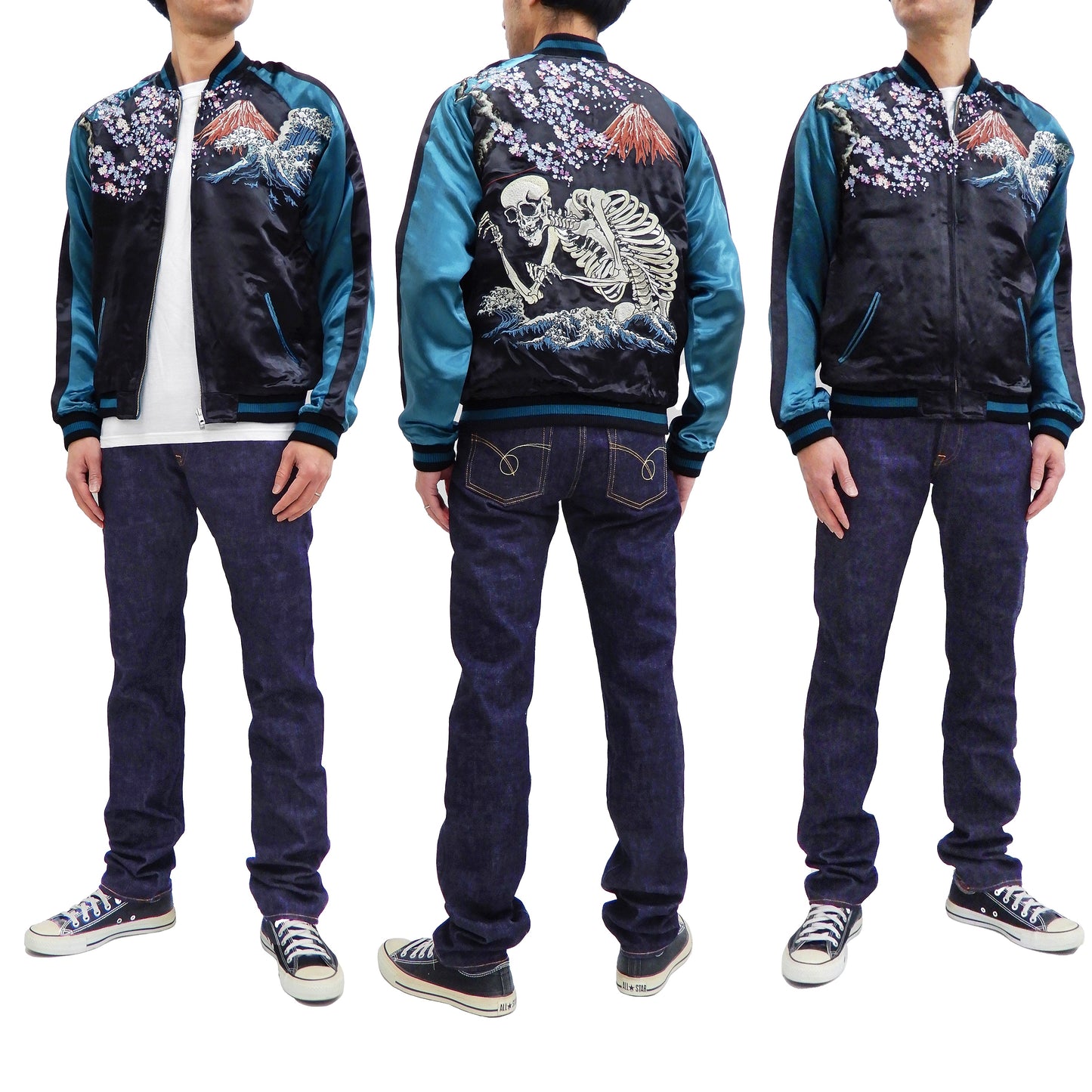 Hanatabi Gakudan Men's Japanese Souvenir Jacket Japanese Skeleton Art Sukajan Script SSJ-037