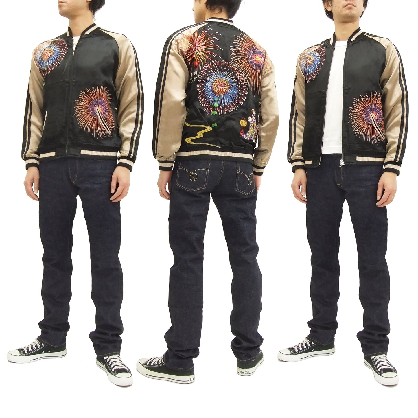 Hanatabi Gakudan Men's Japanese Souvenir Jacket Japanese Fireworks Sukajan Script SSJ-508