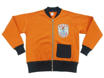 TOYS McCOY Men's Flying Ace Snoopy Zip-Up Sweatshirt - USAF C-2 Inspired, No Hood, Heavyweight 100% Cotton Loopwheel Fleece, Two-Tone Contrast Panel Design - Made in Japan (TMC2551 070 orange and black)