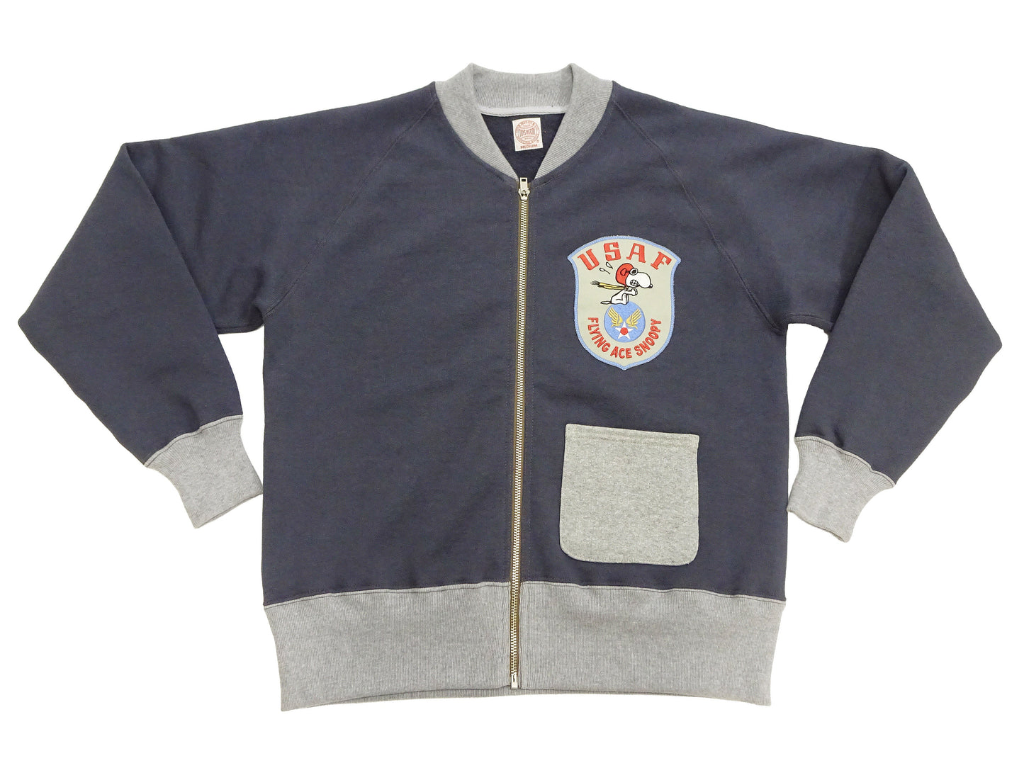 TOYS McCOY Men's Flying Ace Snoopy Zip-Up Sweatshirt - USAF C-2 Inspired, No Hood, Heavyweight 100% Cotton Loopwheel Fleece, Two-Tone Contrast Panel Design - Made in Japan (TMC2551 121 faded navy gray and gray)