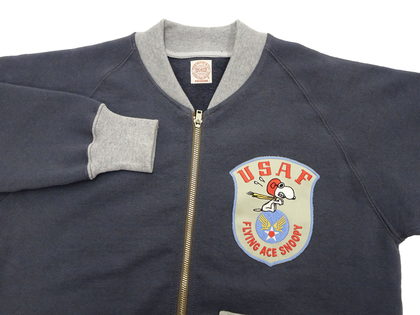 TOYS McCOY Men's Flying Ace Snoopy Zip-Up Sweatshirt - USAF C-2 Inspired, No Hood, Heavyweight 100% Cotton Loopwheel Fleece, Two-Tone Contrast Panel Design - Made in Japan (TMC2551 121 faded navy gray and gray)