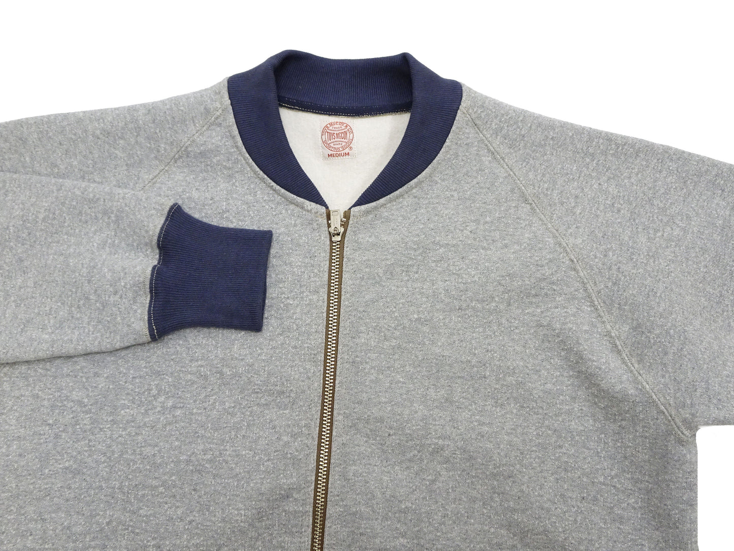 TOYS McCOY Men's Zip-Up Sweatshirt - USAAF C-2 Inspired, No Hood, Heavyweight 100% Cotton Loopwheel Fleece, Two-Tone Contrast Panel Design - Made in Japan (TMC2556 021 ash gray and navy)