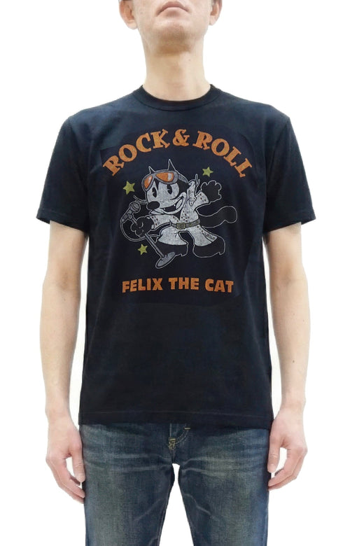 TOYS McCOY Felix the Cat "Rock & Roll" Short Sleeve Loopwheel Graphic T-Shirt - Made in Japan, Tubular Knit, Unwashed Finish (TMC2602 030 Black)