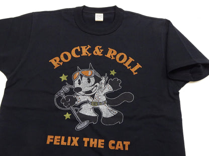 TOYS McCOY Felix the Cat "Rock & Roll" Short Sleeve Loopwheel Graphic T-Shirt - Made in Japan, Tubular Knit, Unwashed Finish (TMC2602 030 Black)