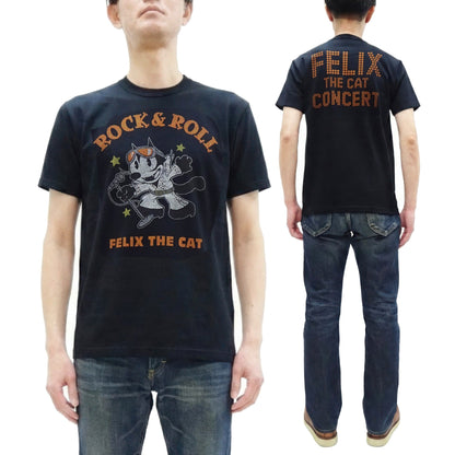 TOYS McCOY Felix the Cat "Rock & Roll" Short Sleeve Loopwheel Graphic T-Shirt - Made in Japan, Tubular Knit, Unwashed Finish (TMC2602 030 Black)