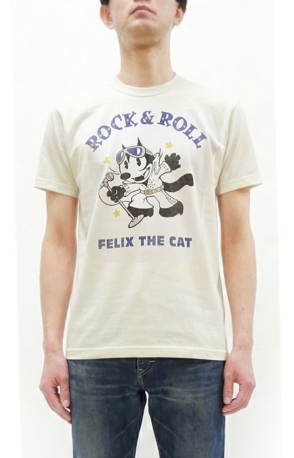 TOYS McCOY Felix the Cat "Rock & Roll" Short Sleeve Loopwheel Graphic T-Shirt - Made in Japan, Tubular Knit, Unwashed Finish (TMC2602 011 Off-White)