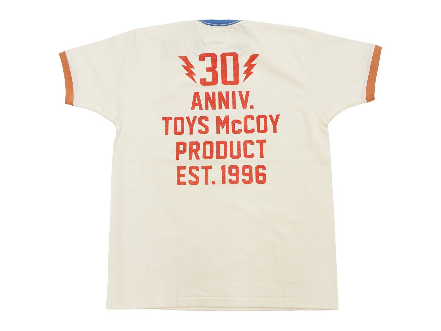 TOYS McCOY Men's 30th Anniversary Graphic Ringer T-Shirt, Heavyweight 100% Cotton Tubular Jersey Tee with No Side Seams, Unwashed, Made in Japan (TMC2609 Off-White with Blue/Orange Trim)