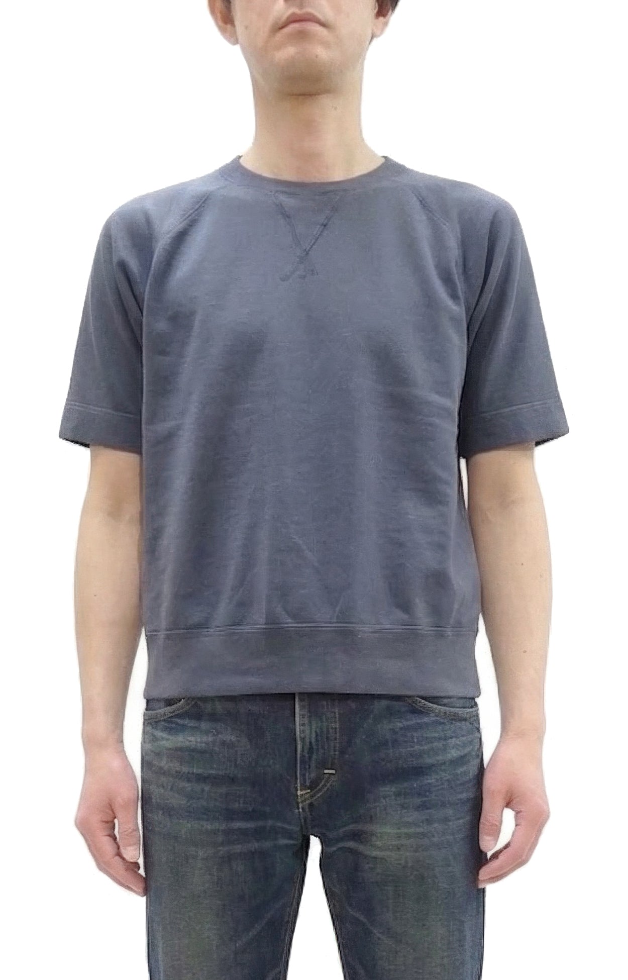 TOYS McCOY Men's Short Sleeve Raglan Sweatshirt, Garment-Dyed Loopback French Terry, V-Gusset Crewneck, Made in Japan (TMC2612 120 Garment-Dyed Washed Blue)