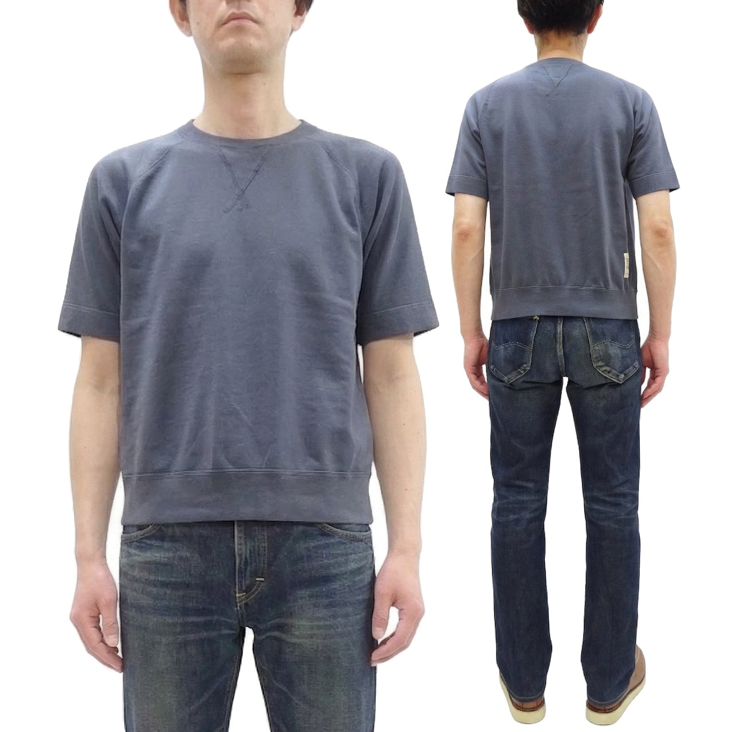 TOYS McCOY Men's Short Sleeve Raglan Sweatshirt, Garment-Dyed Loopback French Terry, V-Gusset Crewneck, Made in Japan (TMC2612 120 Garment-Dyed Washed Blue)
