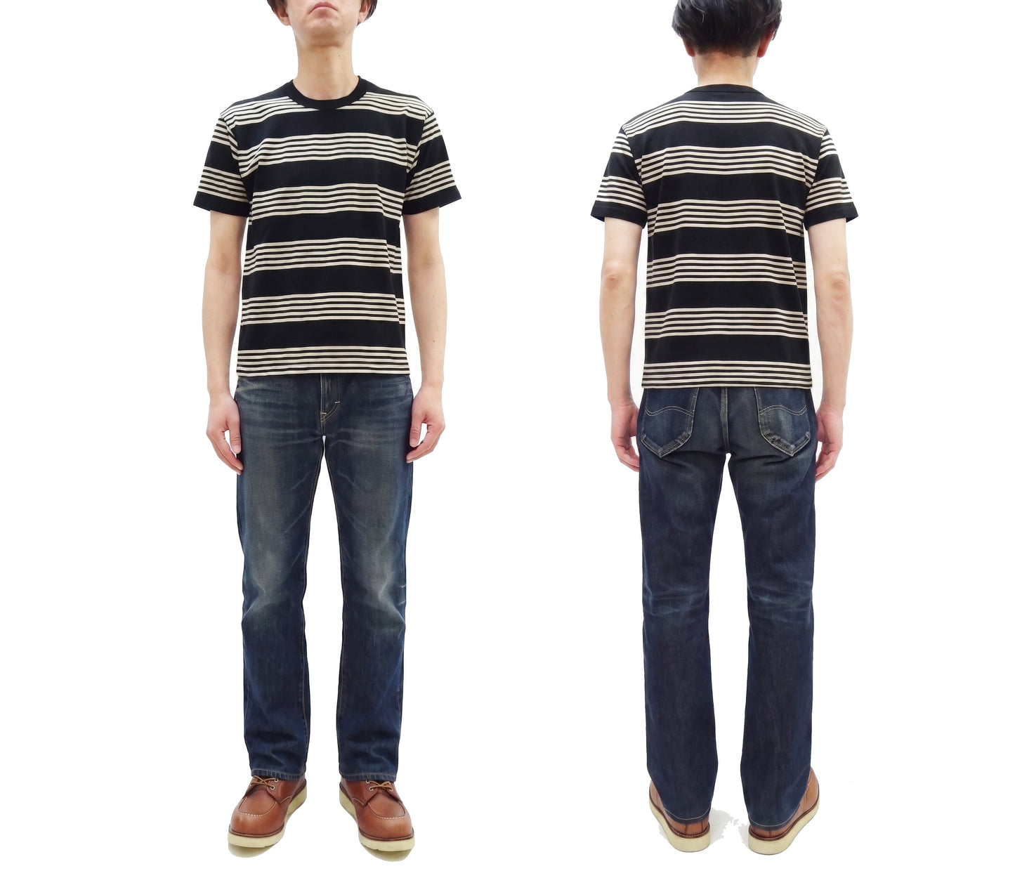 TOYS McCOY Men's Steve McQueen Inspired Multi-Border Striped Short Sleeve Crew Neck T-Shirt - Garment-Dyed Cotton Jersey - Made in Japan (TMC2616 041 Ivory x Black)