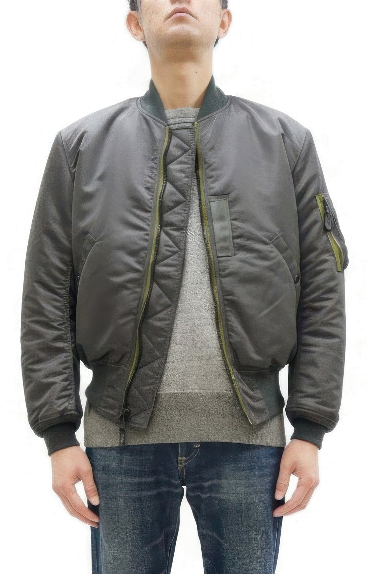 TOYS McCOY Men's MA-1 Flight Jacket - Albert Turner Reproduction, Sage Gray Nylon Bomber Jacket, Made in Japan TMJ2533