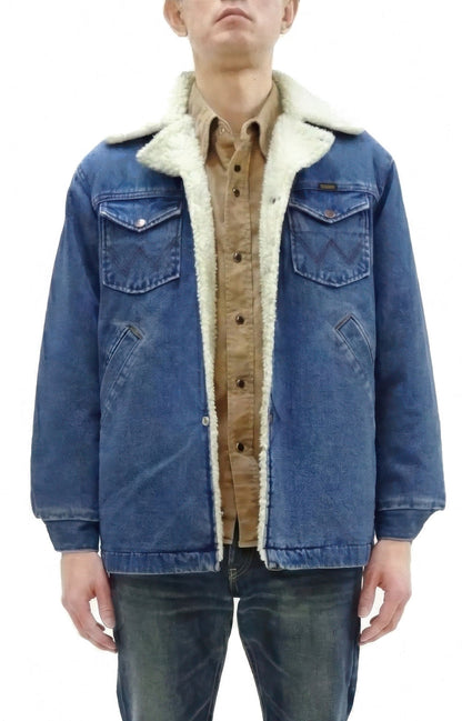 Wrangler Men's Sherpa-Lined Denim Jacket - Classic Ranch Coat Style, Mid-Length (WM1823-346, Pre-Faded Medium Blue)